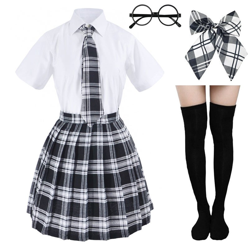 Elibelle Japanese tartan pleated school uniform cosplay costumes with socks eyeglass frame set (Black)(L = Asia XL)(SSF10) - Image 1